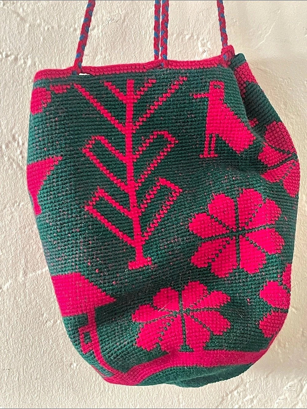 Wayuu Mochila Bucket Bag Woven Shoulder Bag Green & Pink